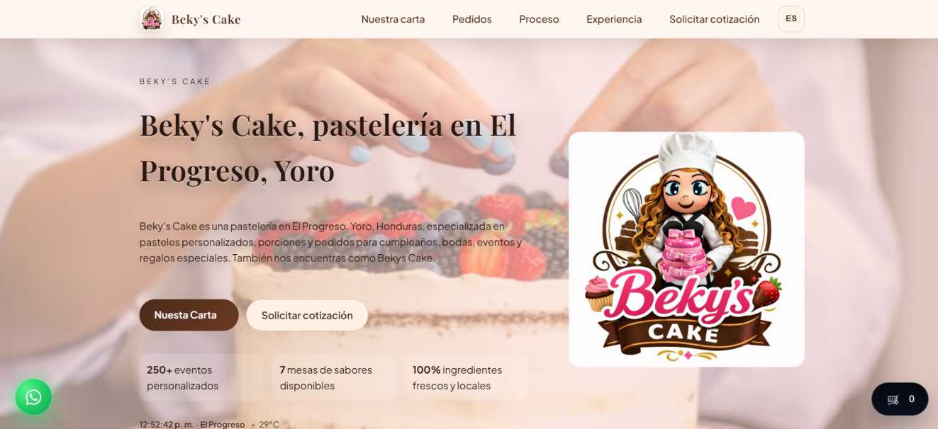 Beky's Cake website with custom cake presentation